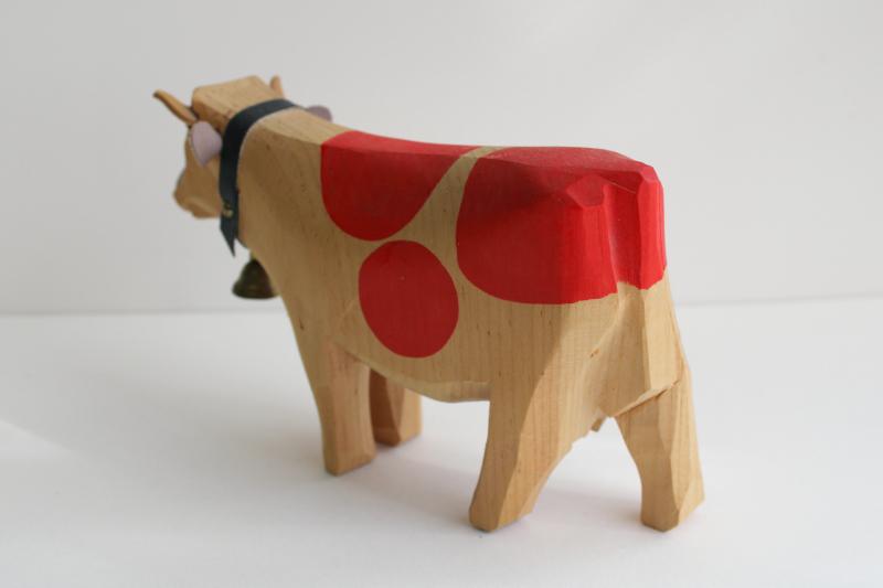 photo of vintage hand carved wood cow made in Switzerland, spotted Brown Swiss toy figure #2