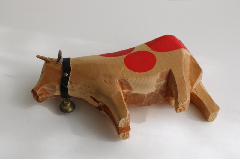 photo of vintage hand carved wood cow made in Switzerland, spotted Brown Swiss toy figure #3