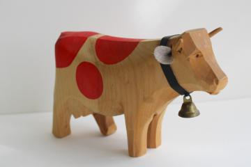 catalog photo of vintage hand carved wood cow made in Switzerland, spotted Brown Swiss toy figure