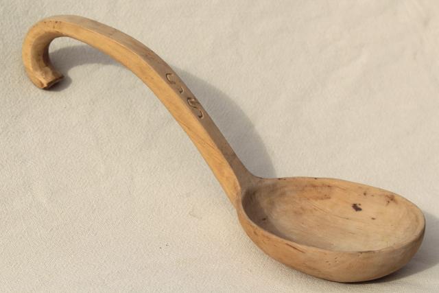 photo of vintage hand carved wooden scoop spoon, rustic natural wood large ladle #2