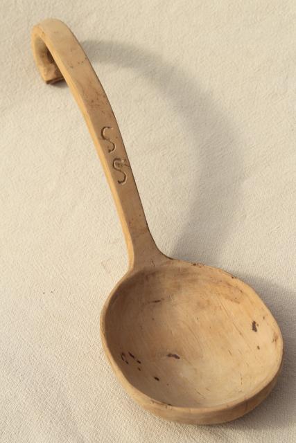 photo of vintage hand carved wooden scoop spoon, rustic natural wood large ladle #3