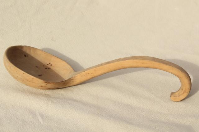 photo of vintage hand carved wooden scoop spoon, rustic natural wood large ladle #4