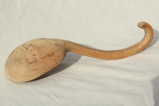 photo of vintage hand carved wooden scoop spoon, rustic natural wood large ladle #5