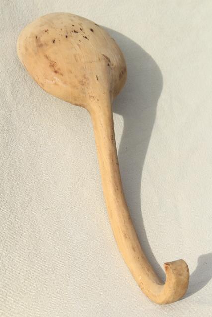 photo of vintage hand carved wooden scoop spoon, rustic natural wood large ladle #6