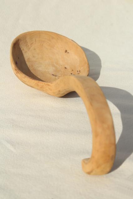 photo of vintage hand carved wooden scoop spoon, rustic natural wood large ladle #9