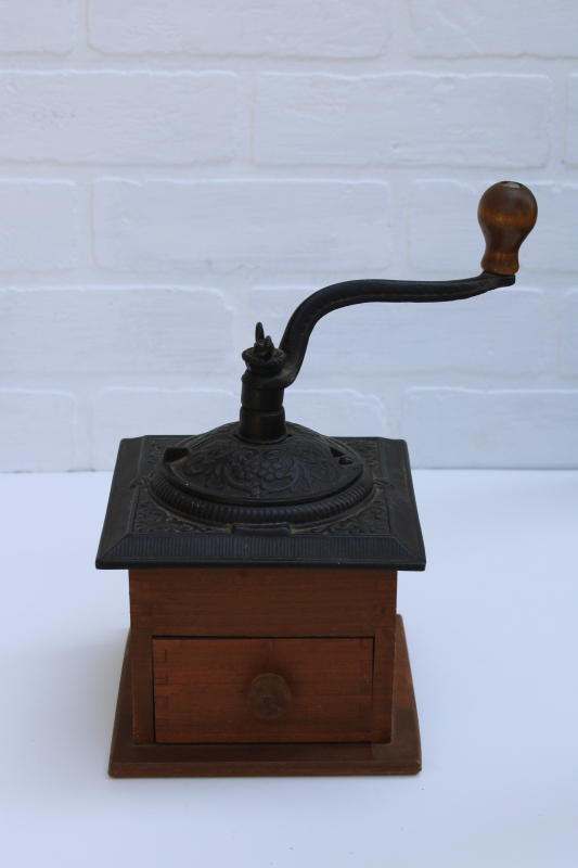 photo of vintage hand crank coffee grinder mill, wood drawer w/ cast iron, primitive kitchen ware #1