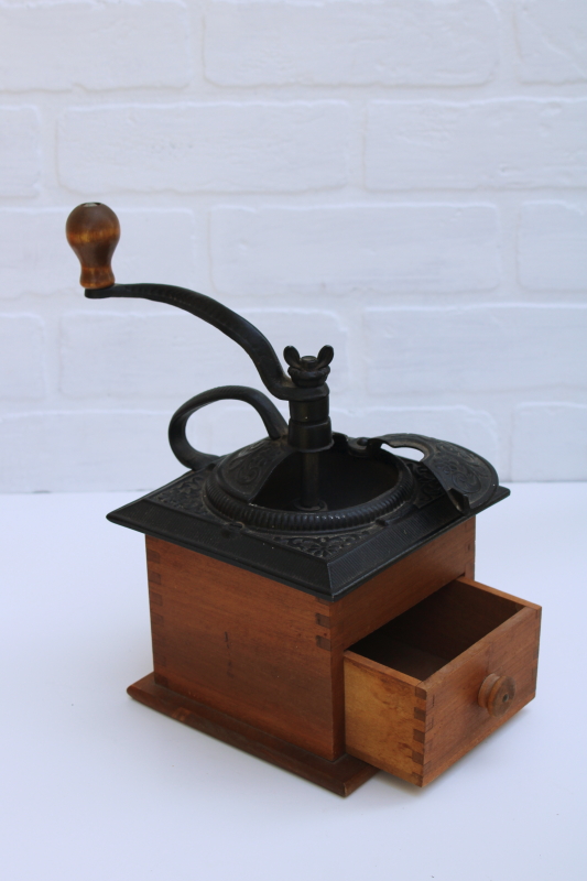 photo of vintage hand crank coffee grinder mill, wood drawer w/ cast iron, primitive kitchen ware #2