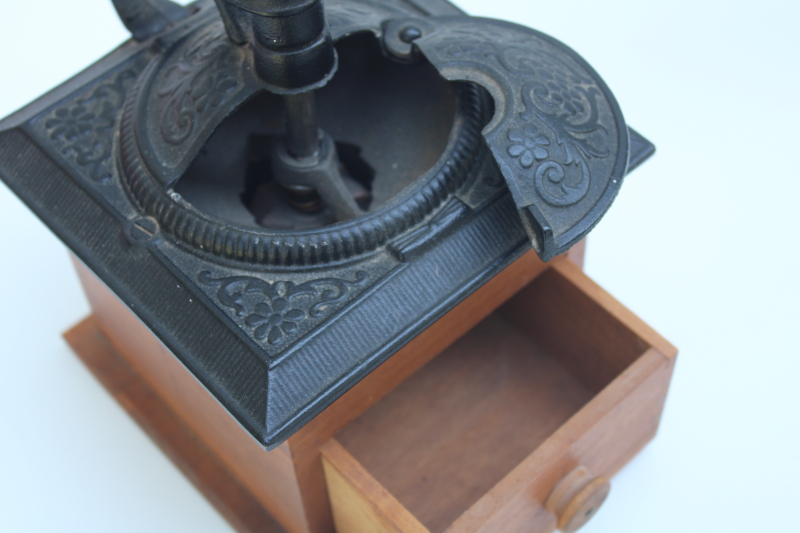 photo of vintage hand crank coffee grinder mill, wood drawer w/ cast iron, primitive kitchen ware #3