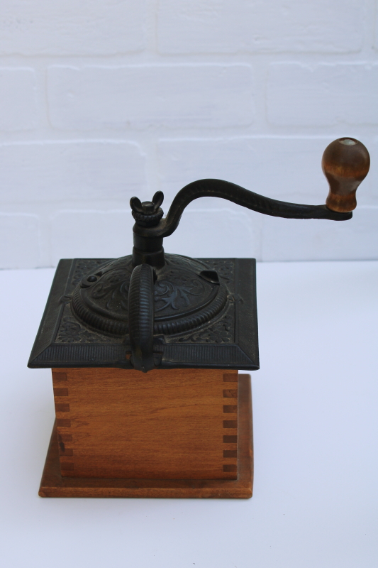 photo of vintage hand crank coffee grinder mill, wood drawer w/ cast iron, primitive kitchen ware #4