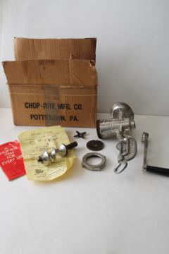 catalog photo of vintage hand crank food chopper meat grinder Chop Rite Number 5, complete in original box