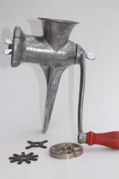 catalog photo of vintage hand crank food chopper meat grinder, Master-Brac kitchen tool w/ blades