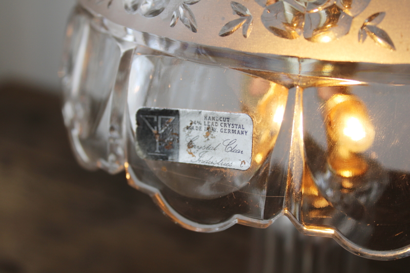 photo of vintage hand cut lead crystal lamp w/ glass shade, West Germany Crystal Clear Industries label  #3