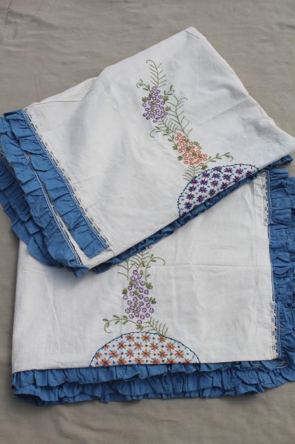 photo of vintage hand embroidered cotton bedspreads, pair of summer weight coverlets w/ embroidery #1