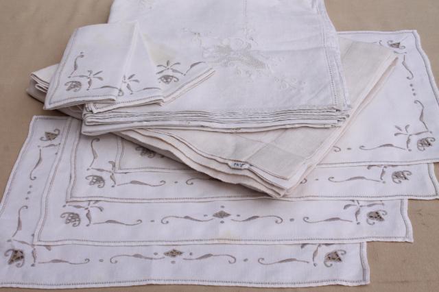 photo of vintage hand embroidered linen cotton table linens, napkins, placemats, card table cloth #1