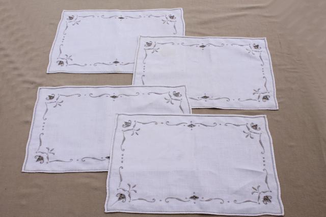 photo of vintage hand embroidered linen cotton table linens, napkins, placemats, card table cloth #9