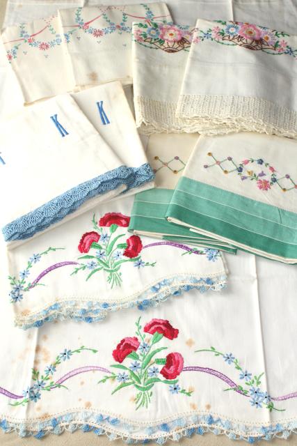 photo of vintage hand embroidered pillowcases w/ crochet lace edgings, shabby cottage style bedding lot #1