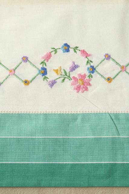 photo of vintage hand embroidered pillowcases w/ crochet lace edgings, shabby cottage style bedding lot #2