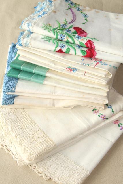 photo of vintage hand embroidered pillowcases w/ crochet lace edgings, shabby cottage style bedding lot #5