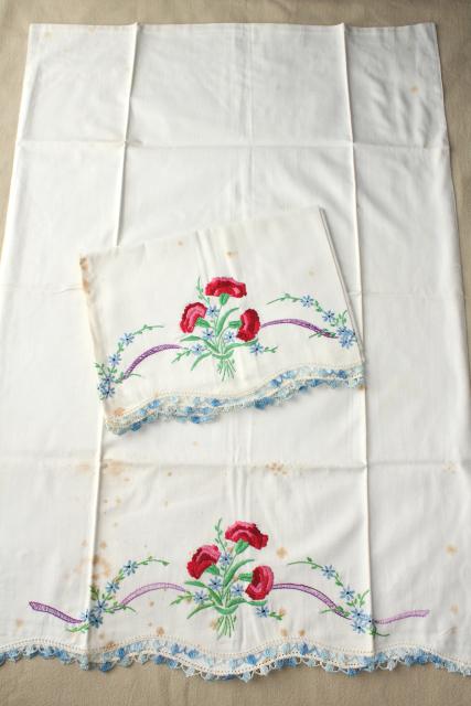 photo of vintage hand embroidered pillowcases w/ crochet lace edgings, shabby cottage style bedding lot #6