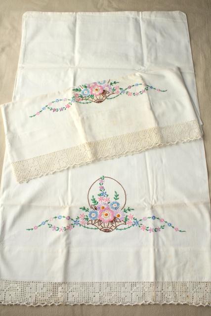 photo of vintage hand embroidered pillowcases w/ crochet lace edgings, shabby cottage style bedding lot #8