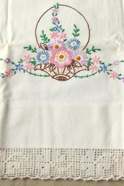 photo of vintage hand embroidered pillowcases w/ crochet lace edgings, shabby cottage style bedding lot #9