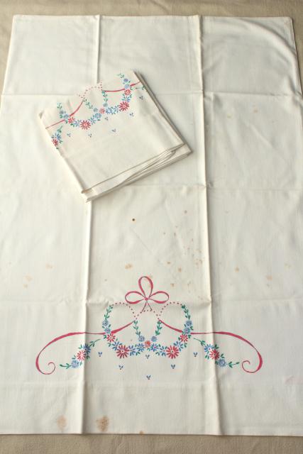 photo of vintage hand embroidered pillowcases w/ crochet lace edgings, shabby cottage style bedding lot #10