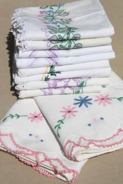 catalog photo of vintage hand embroidered pillowcases w/ crochet lace edgings, shabby cottage style bedding lot