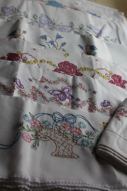 photo of vintage hand embroidered pillowcases, poly blend bed linens nice for crafts or upcycling #1