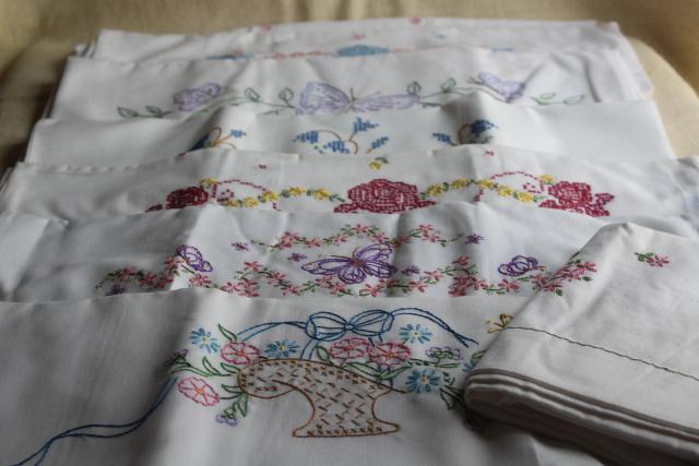 photo of vintage hand embroidered pillowcases, poly blend bed linens nice for crafts or upcycling #5