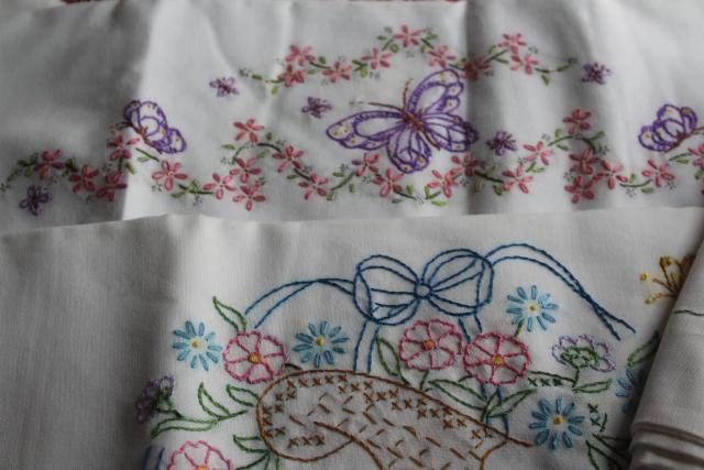 photo of vintage hand embroidered pillowcases, poly blend bed linens nice for crafts or upcycling #6