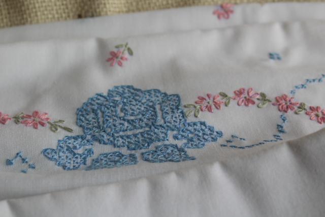 photo of vintage hand embroidered pillowcases, poly blend bed linens nice for crafts or upcycling #8