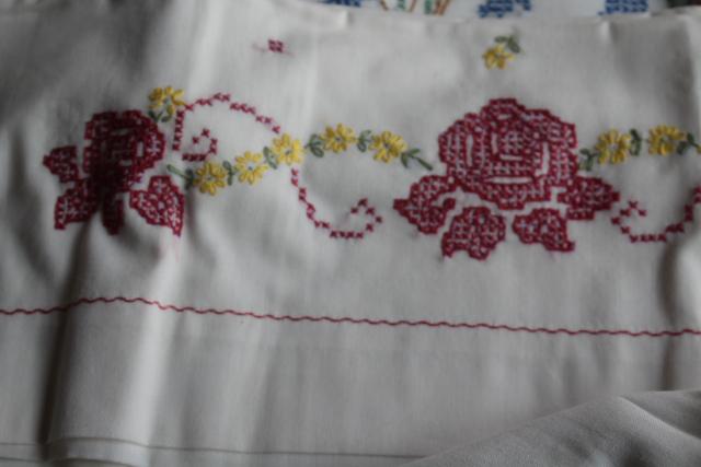 photo of vintage hand embroidered pillowcases, poly blend bed linens nice for crafts or upcycling #9