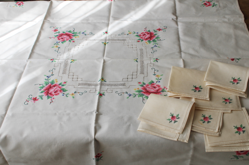 photo of vintage hand embroidered  tablecloth & napkins set, cross stitch roses drawn thread #1