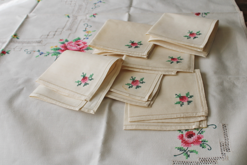 photo of vintage hand embroidered  tablecloth & napkins set, cross stitch roses drawn thread #2