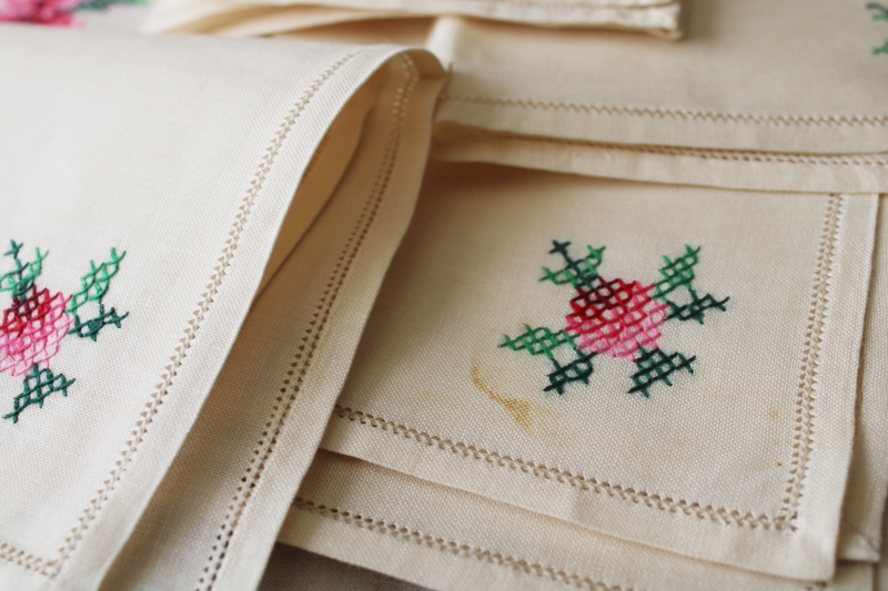 photo of vintage hand embroidered  tablecloth & napkins set, cross stitch roses drawn thread #3