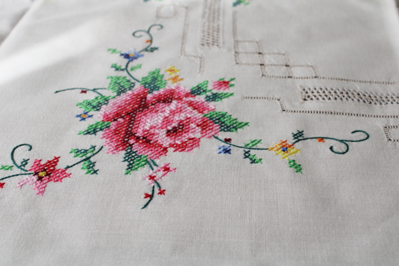 photo of vintage hand embroidered  tablecloth & napkins set, cross stitch roses drawn thread #4