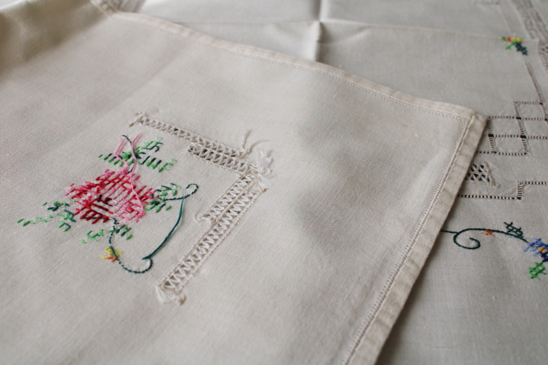 photo of vintage hand embroidered  tablecloth & napkins set, cross stitch roses drawn thread #5