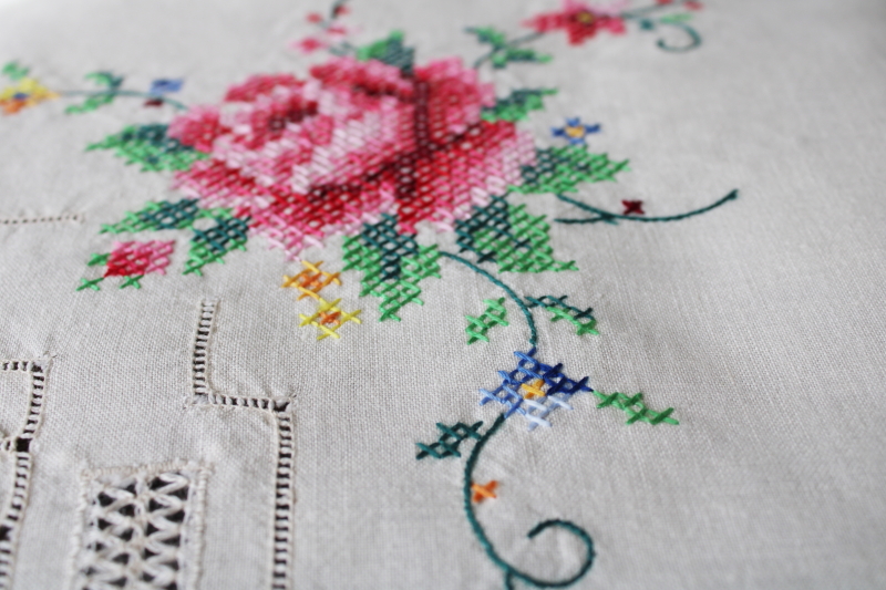 photo of vintage hand embroidered  tablecloth & napkins set, cross stitch roses drawn thread #6