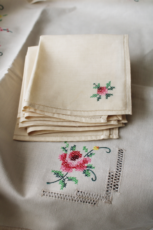 photo of vintage hand embroidered  tablecloth & napkins set, cross stitch roses drawn thread #7