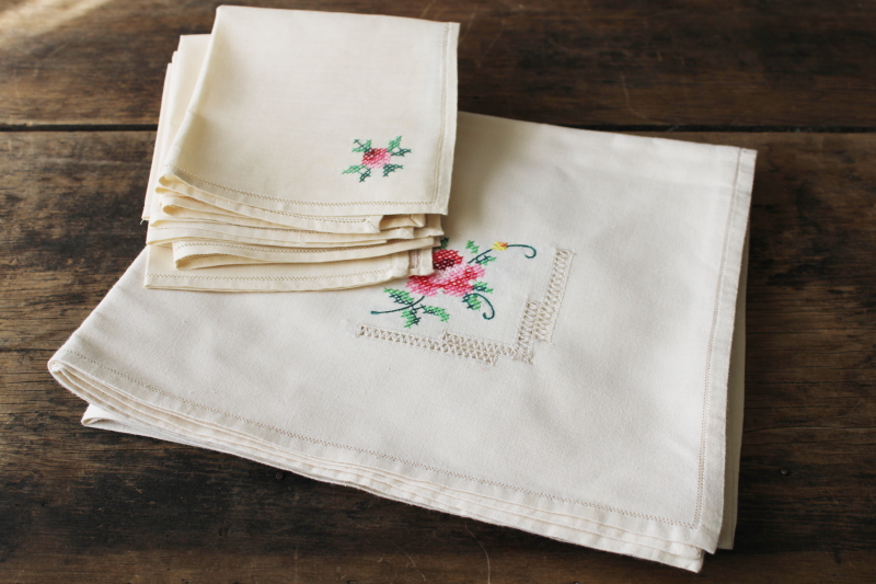 photo of vintage hand embroidered  tablecloth & napkins set, cross stitch roses drawn thread #9