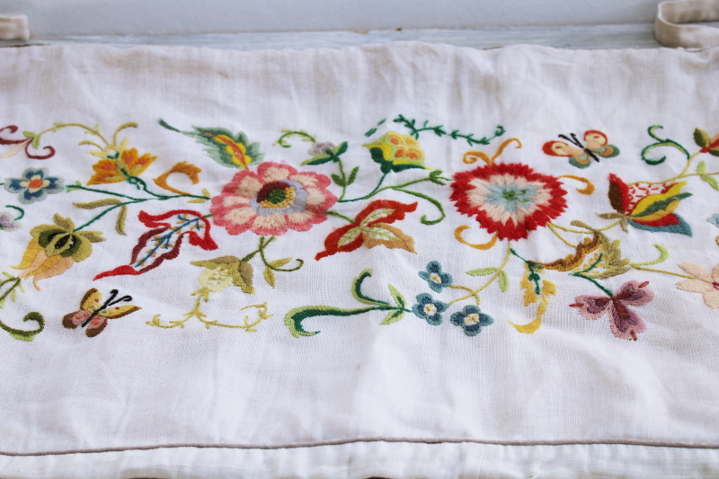 photo of vintage hand embroidered wool crewel work floral flax linen bench seat cushion cover #1