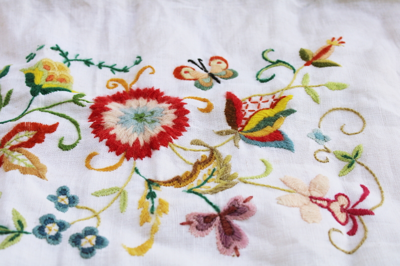 photo of vintage hand embroidered wool crewel work floral flax linen bench seat cushion cover #5