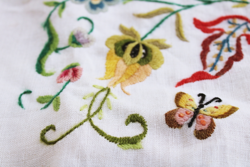 photo of vintage hand embroidered wool crewel work floral flax linen bench seat cushion cover #6