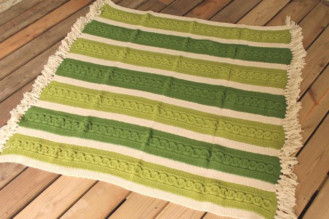 photo of vintage hand knit wool blanket, knitted afghan aran cables, striped in cream & irish green #1