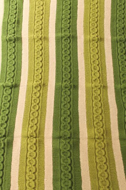 photo of vintage hand knit wool blanket, knitted afghan aran cables, striped in cream & irish green #3
