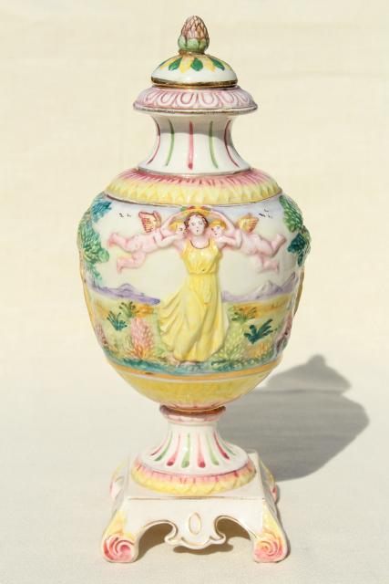 photo of vintage hand painted Italian ceramic urn, 1930s lady in Elysian fields w/ cherubs! #1