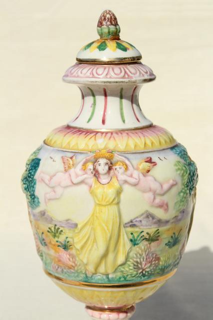 photo of vintage hand painted Italian ceramic urn, 1930s lady in Elysian fields w/ cherubs! #4