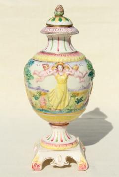 catalog photo of vintage hand painted Italian ceramic urn, 1930s lady in Elysian fields w/ cherubs!