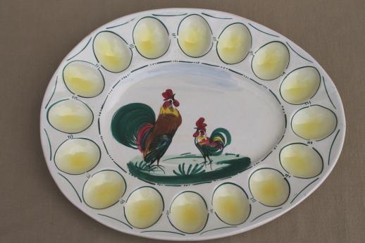 photo of vintage hand painted Italian cermaic egg plate w/ roosters, deviled egg serving tray #1