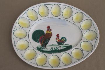 catalog photo of vintage hand painted Italian cermaic egg plate w/ roosters, deviled egg serving tray